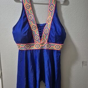 SHEIN Royal Blue One-Piece with Colorful Geometric Trim